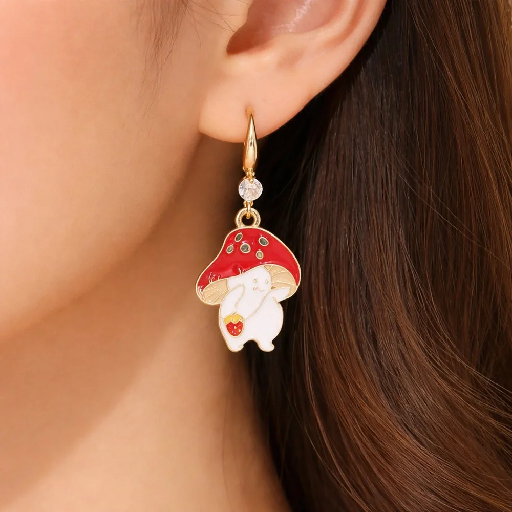 Cute Mushroom Man Strawberry Dangle Earrings | Red Enamel Whimsical